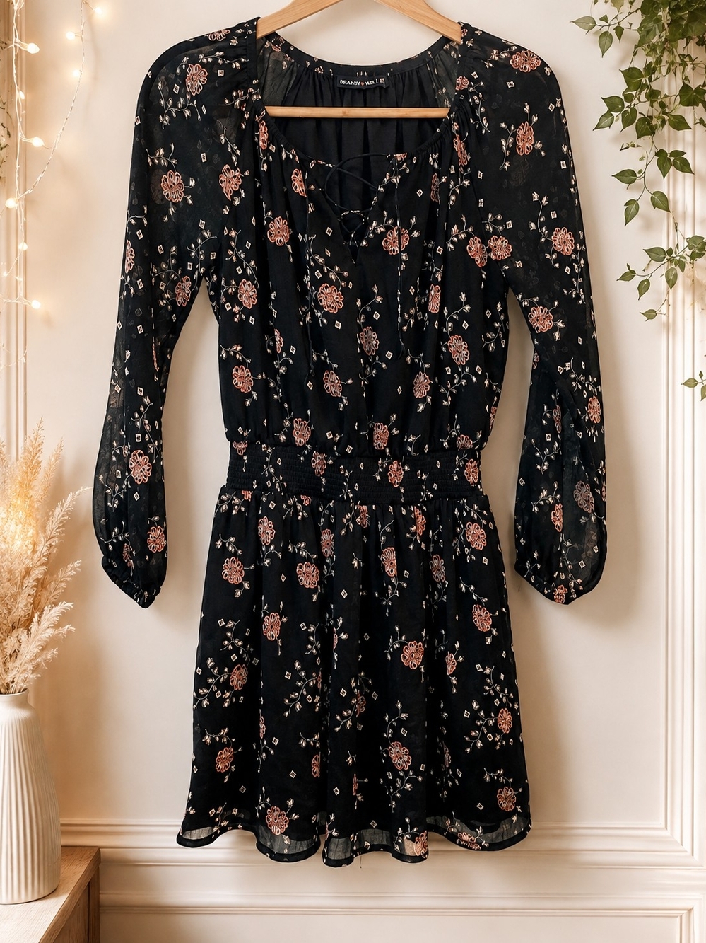 Boho Black Floral Long Sleeve Mini Peasant Dress Smocked Waist Boho Size XS